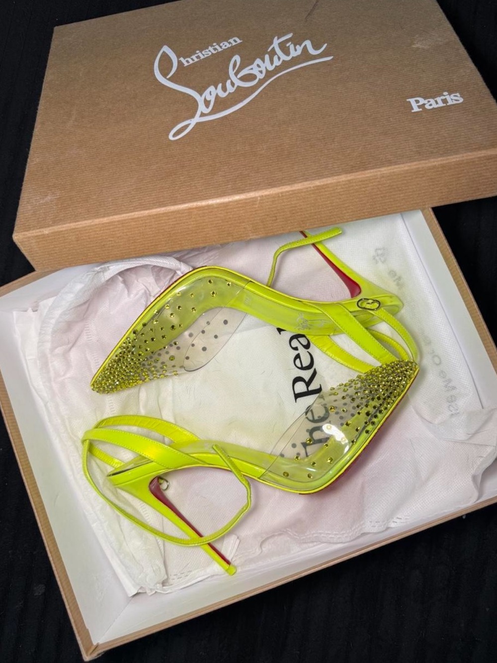 Christian Louboutin Neon Lime Crystal-Embellished Slingback Heels